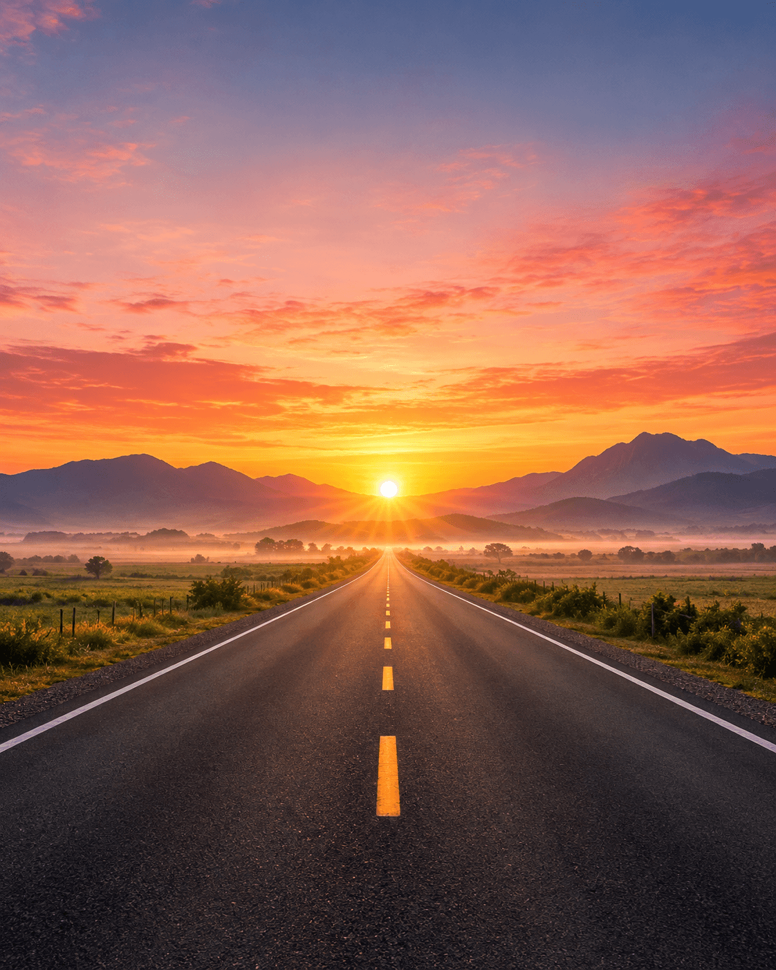 Carretera que avanza hacia el horizonte al amanecer en un paisaje mexicano